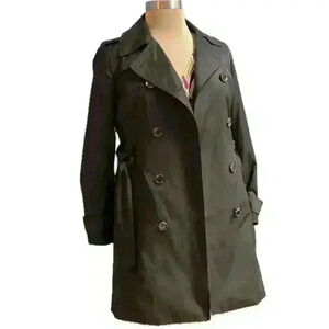 London Fog Navy Double-Breasted Trench Coat Size M Belted Waist Long Sleeve
